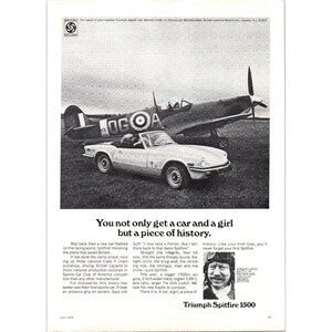 1973 Triumph Spitfire Convertible Vintage Print Ad Royal Air Force Plane 70s Art